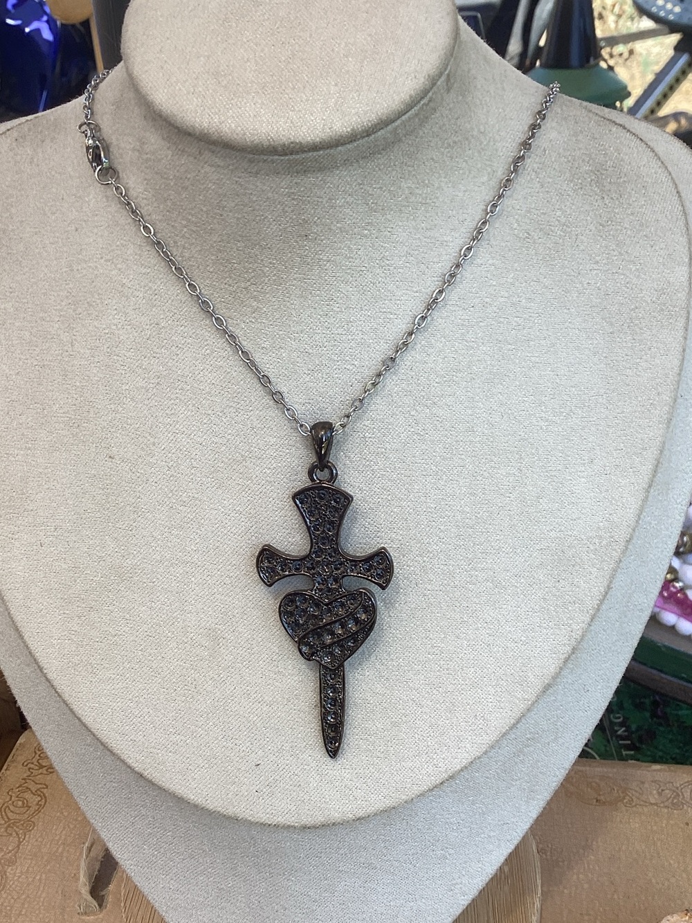 Juicy Couture Black Pave Heart Dagger Pendant Necklace